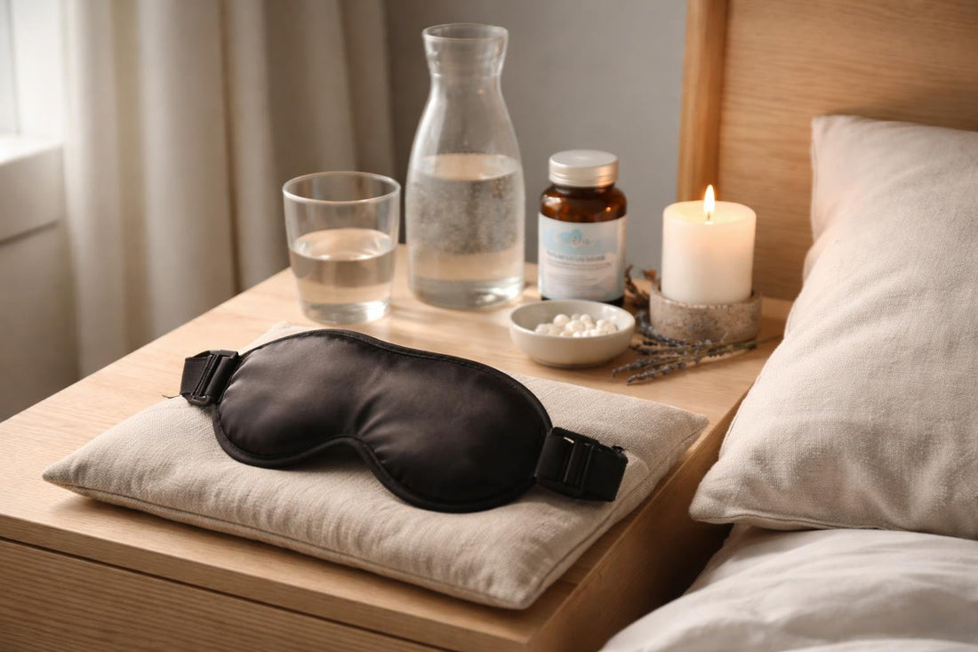 Beginner sleep mask essentials laid out on bedside table