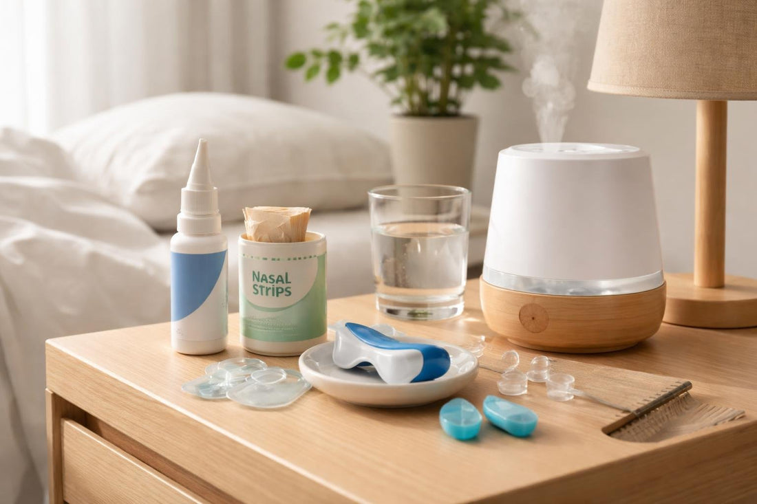 Beginner snore reducing aids arranged beside a bedside table