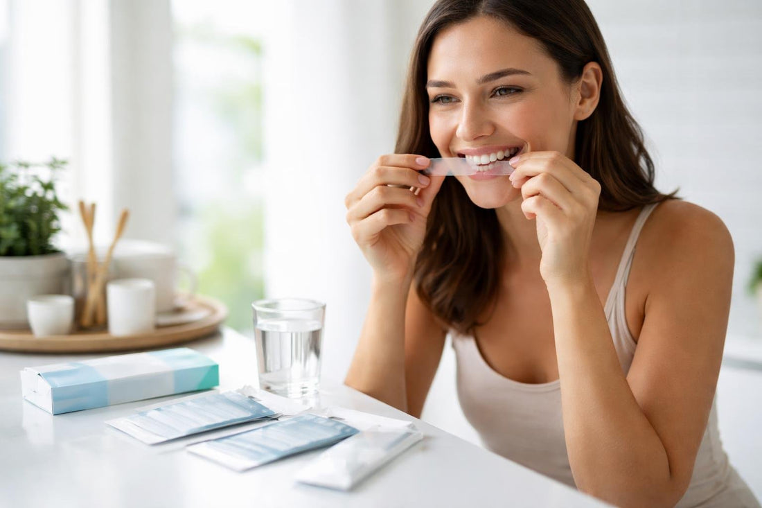 Beginner applying teeth whitening strips gently at home