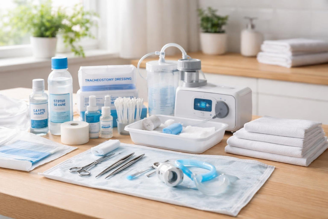 Beginner tracheostomy care kit essentials laid out clearly