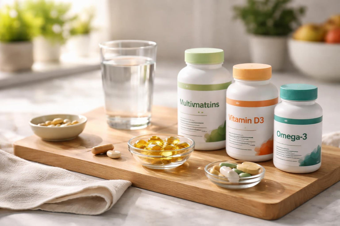 Beginner-friendly vitamin supplements laid out for a daily routine