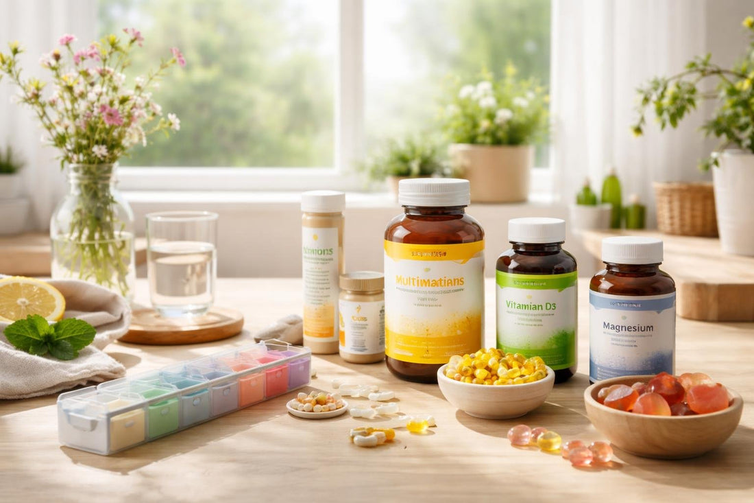 Beginner vitamins and supplements laid out for a daily routine