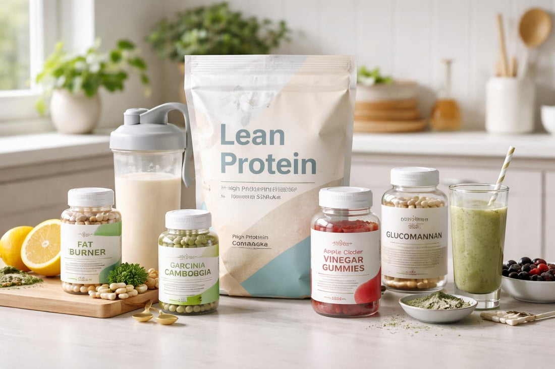 Beginner-friendly weight loss supplements arranged on a kitchen counter