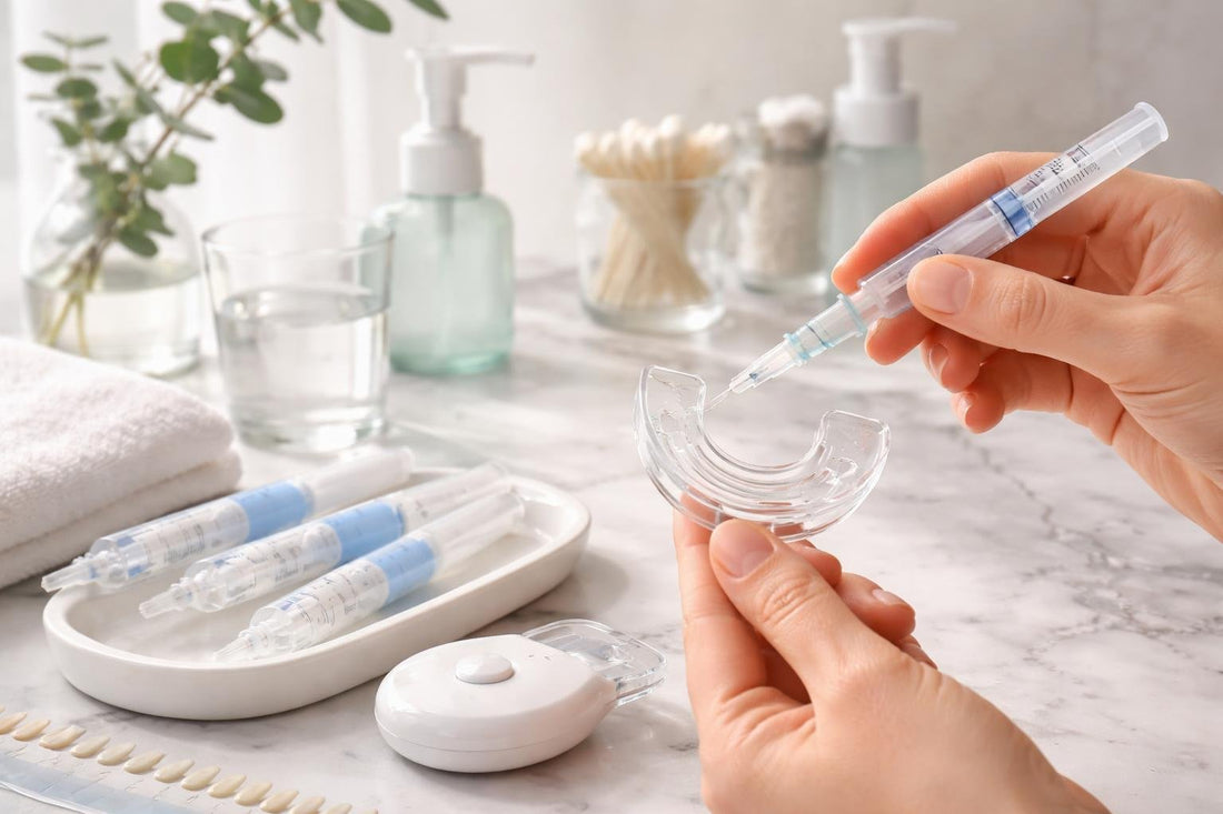 Beginner using professional teeth whitening gel with tray