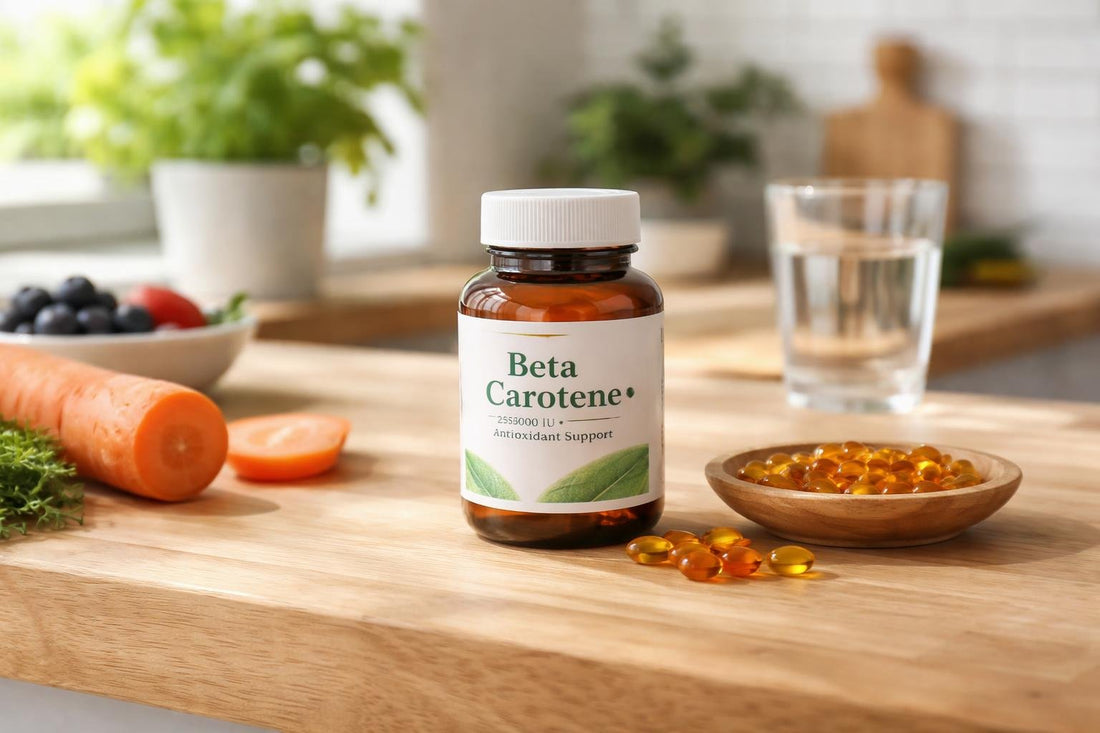 Bottle of beta carotene supplements on wooden table