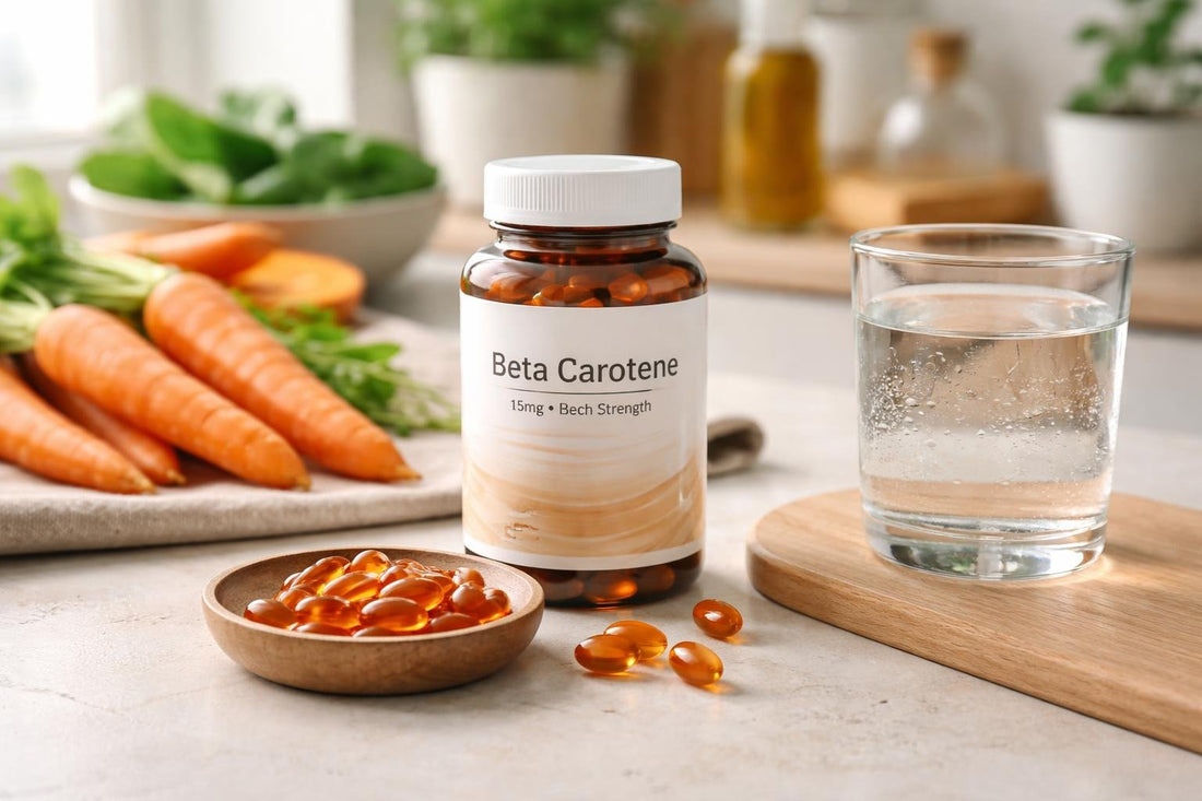 Beta carotene supplement capsules with carrots on kitchen table