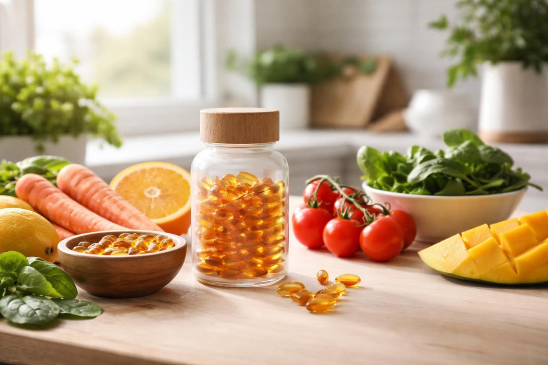 Beta carotene supplement capsules with seasonal fruit and vegetables