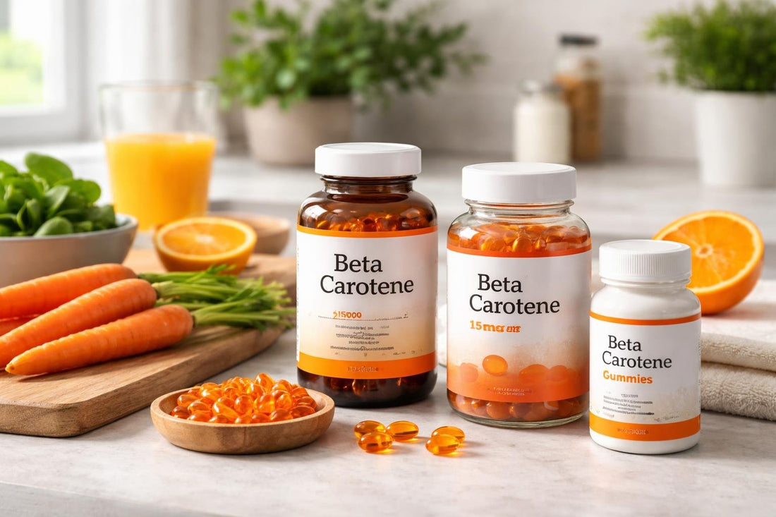 Beta carotene supplement bottles and fresh carrots on table