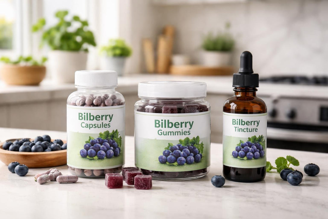 Bilberry capsules, gummies and tincture bottles on kitchen counter