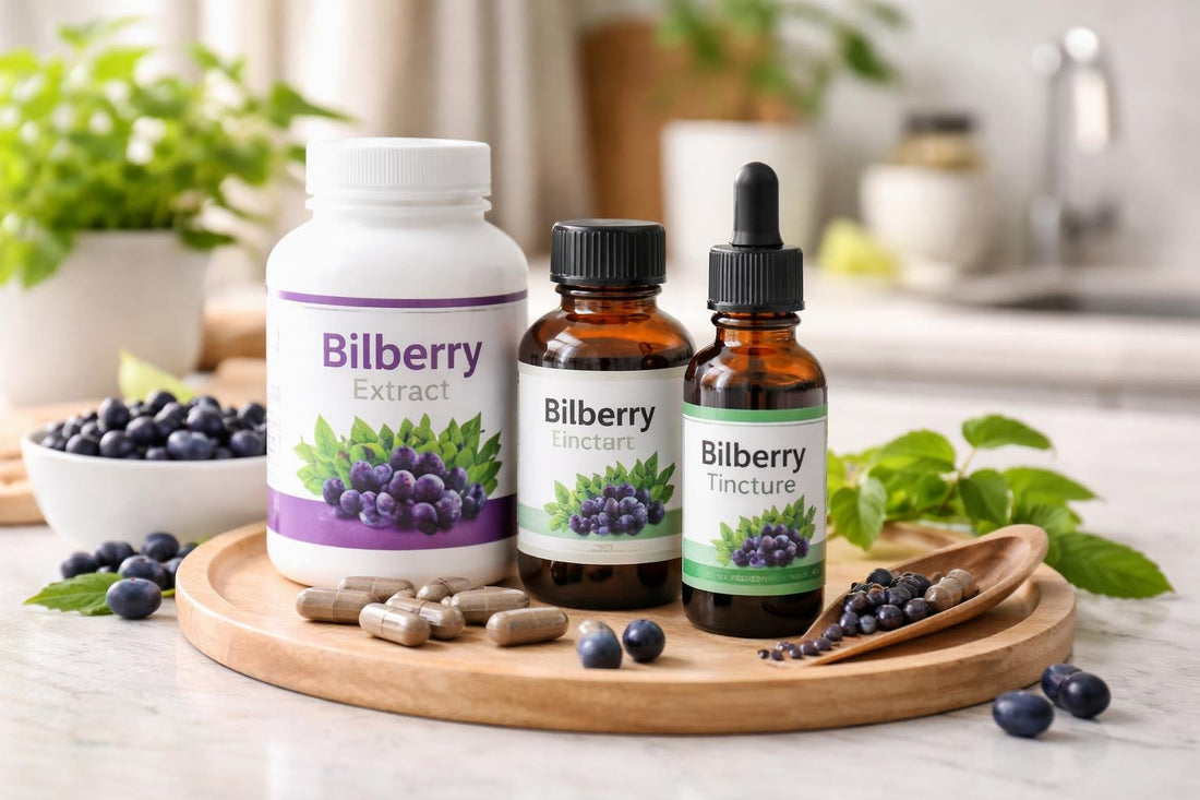 Selection of bilberry supplements in bottles and capsules