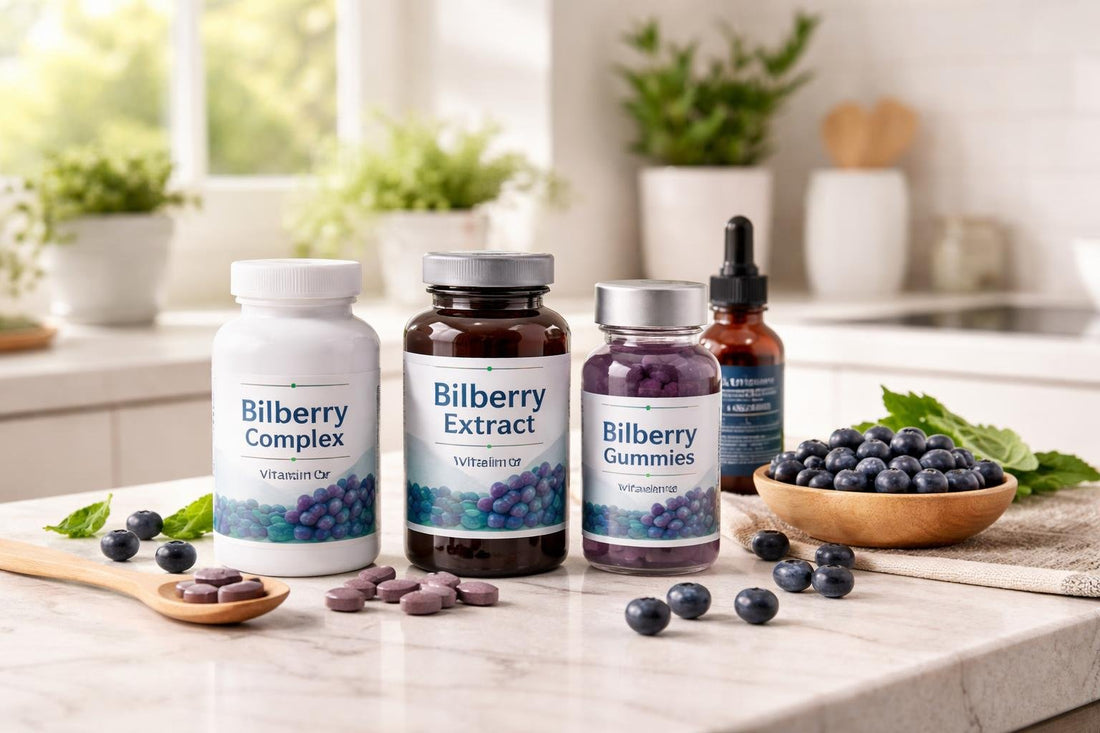 Bilberry herbal supplement range capsules and berries on table