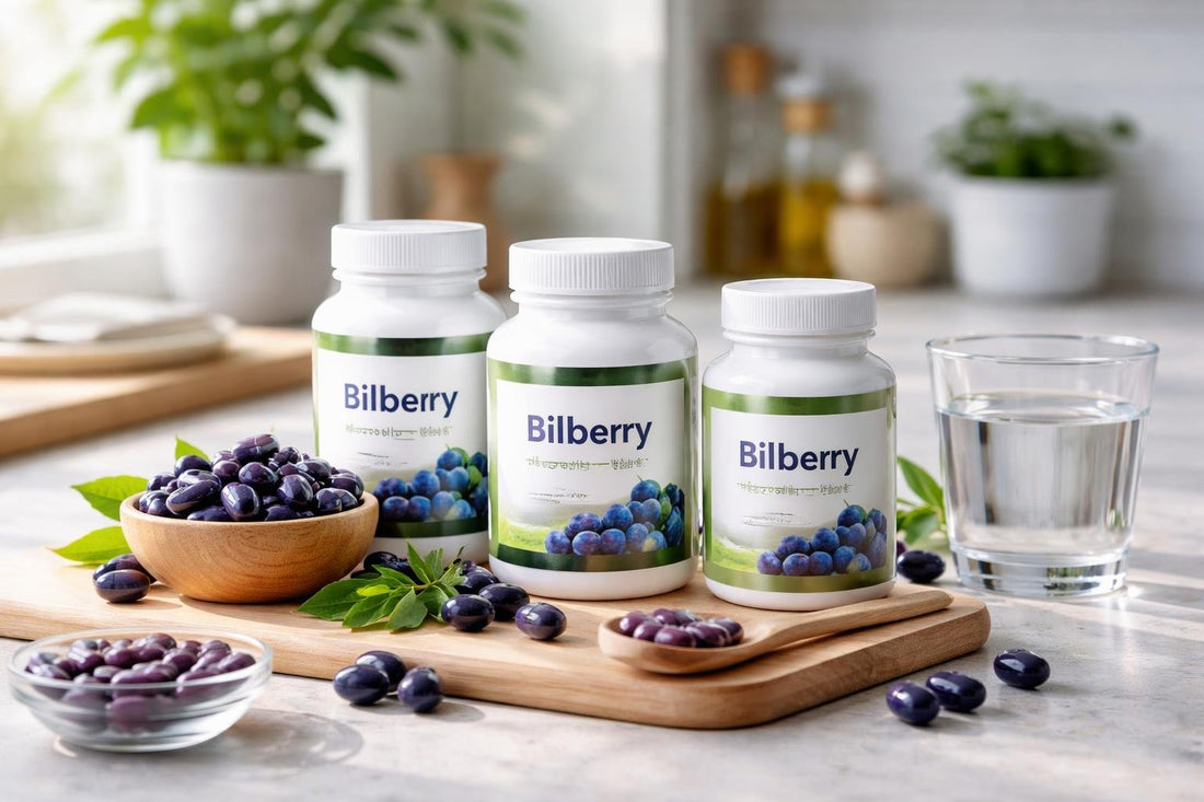 Bilberry supplement capsules and berries on a kitchen table