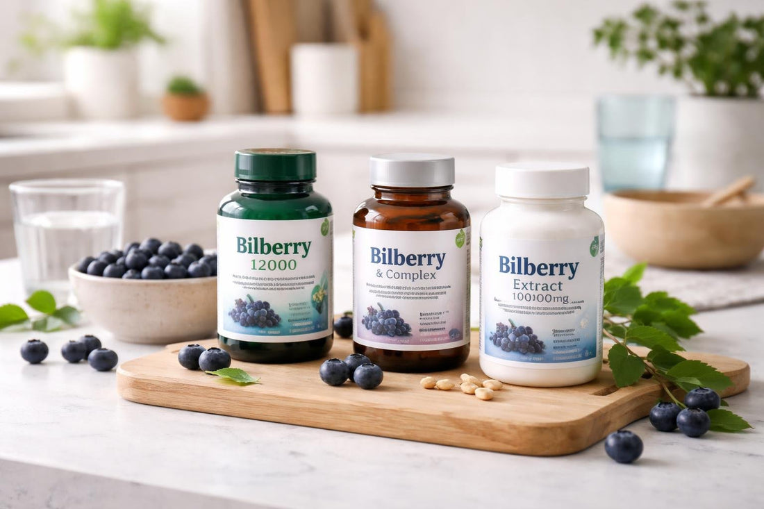 Assorted bilberry supplement bottles with fresh bilberries