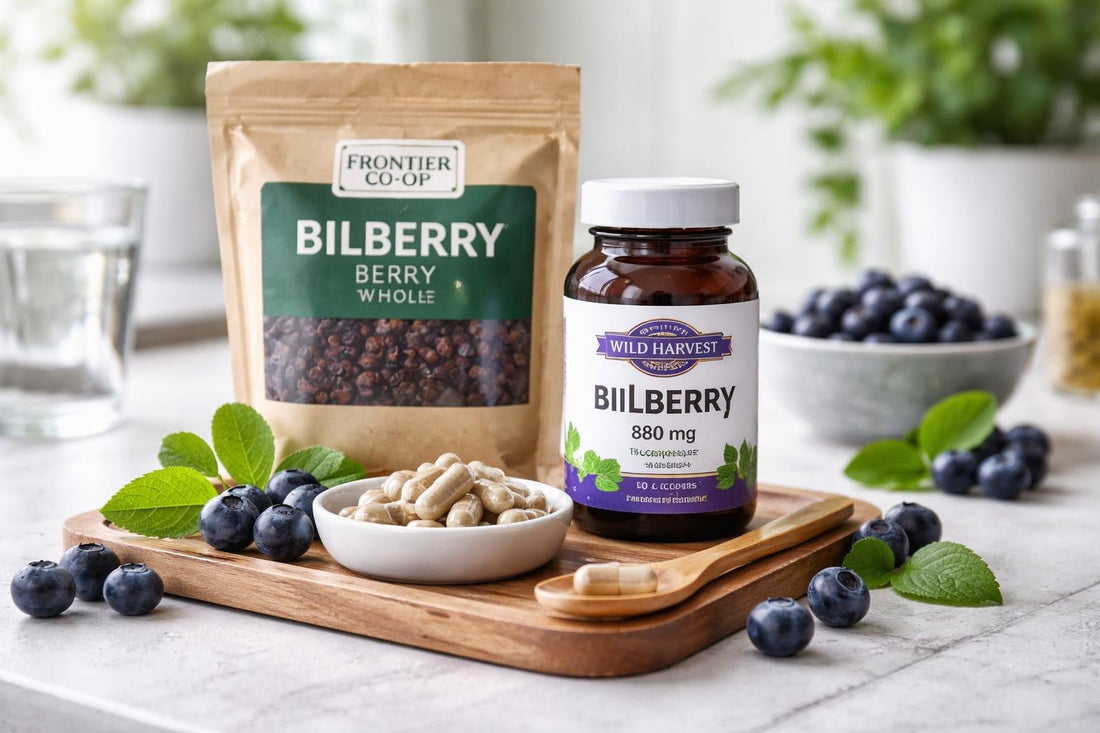 Close-up of bilberry supplement capsules and berries