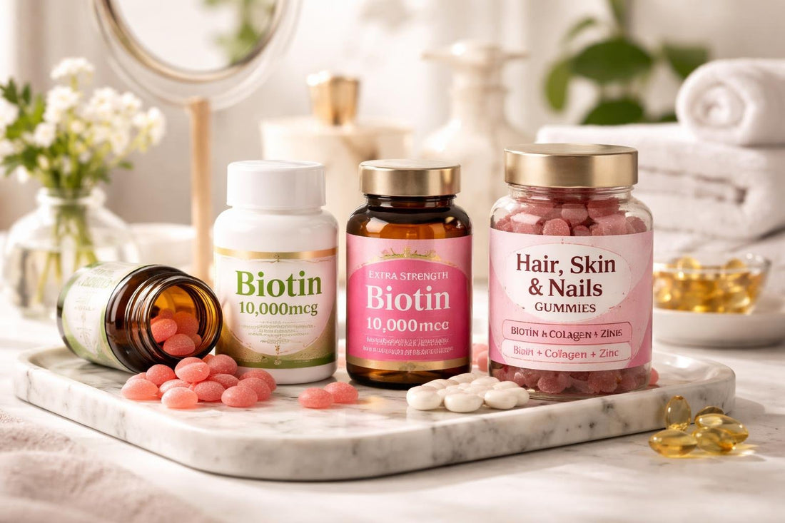 Assorted biotin supplements for hair skin and nails