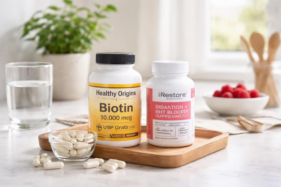 bottles of biotin supplements and capsules