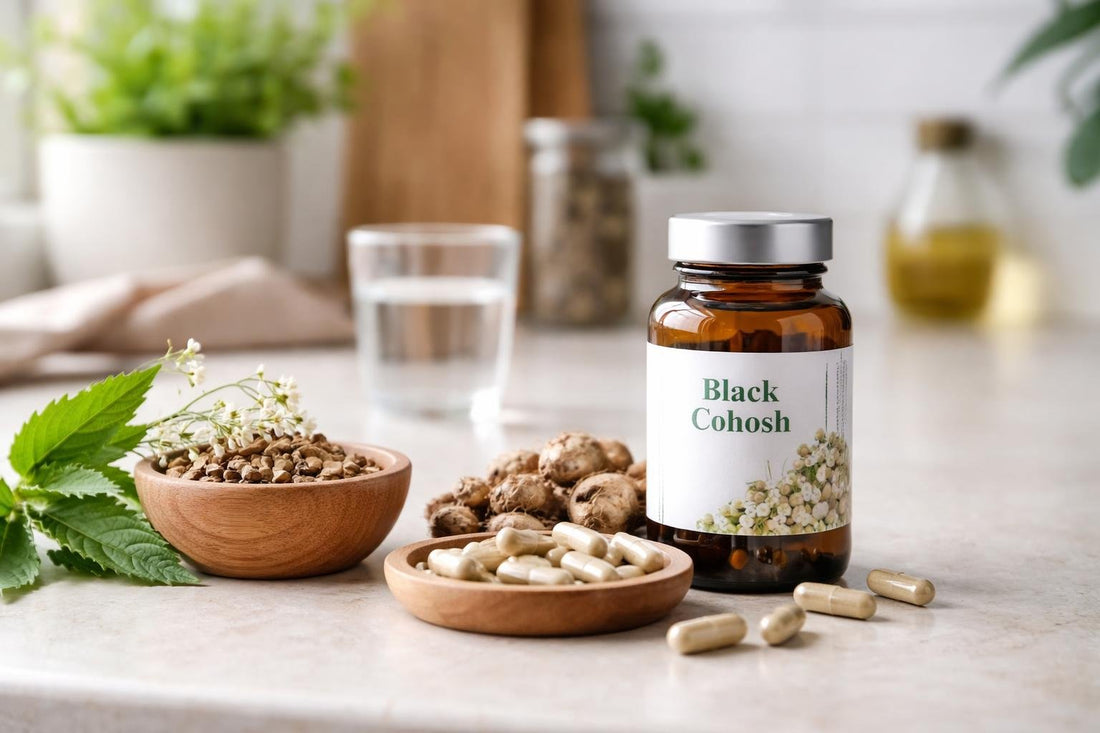 Black cohosh herbal capsules and roots on kitchen counter