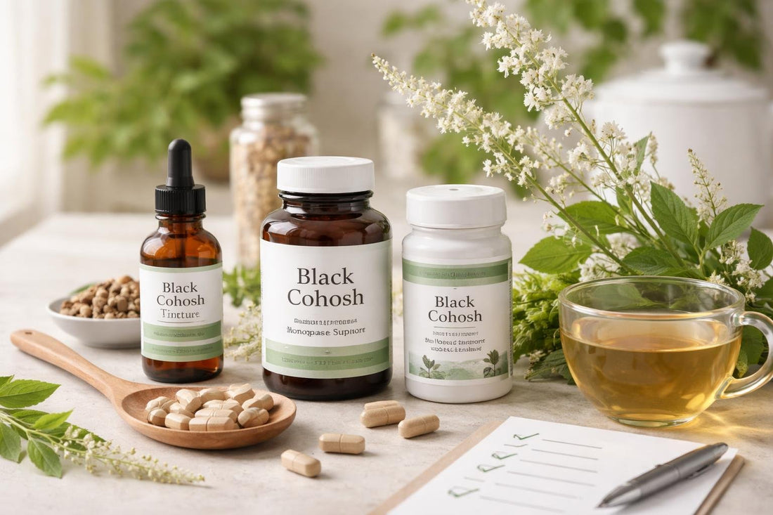 Black cohosh herbal supplements arranged with label checklist
