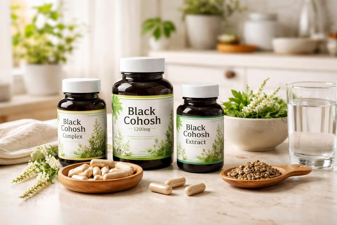 Black cohosh supplements and menopause support bottles