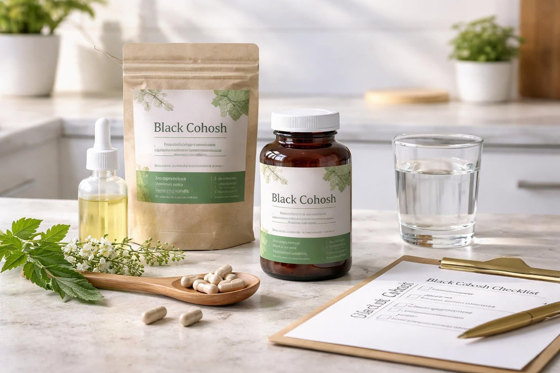 Black cohosh herbal supplements with label reading checklist