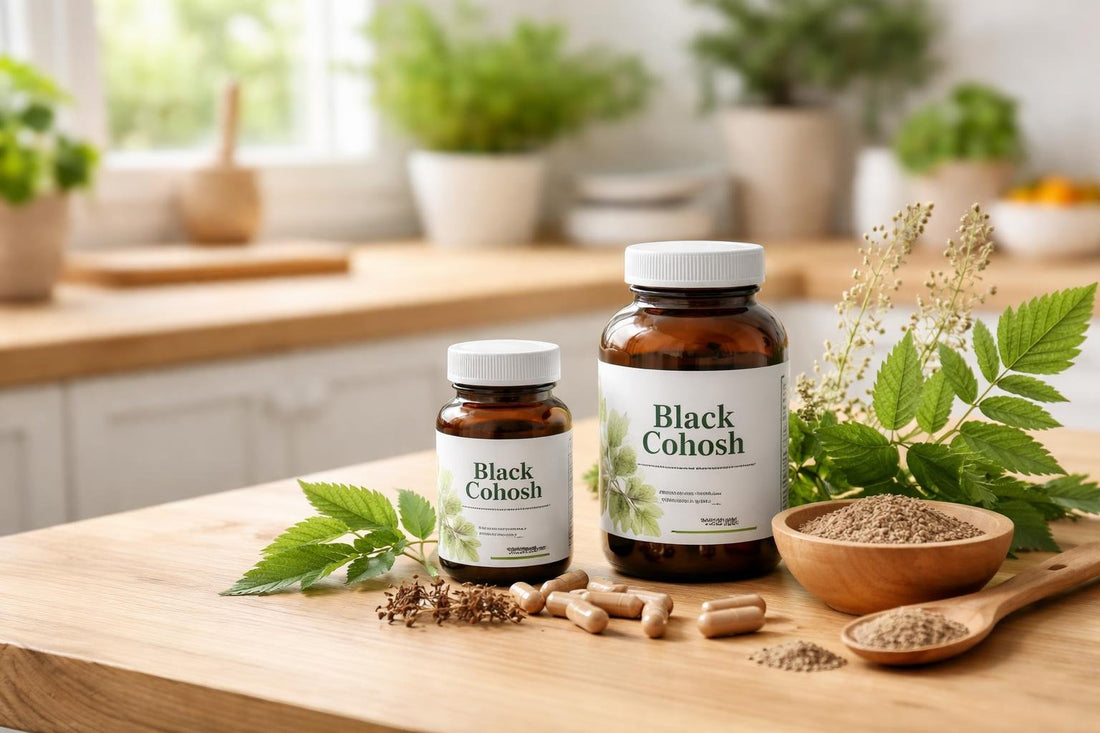 bottles of black cohosh supplements on wooden table