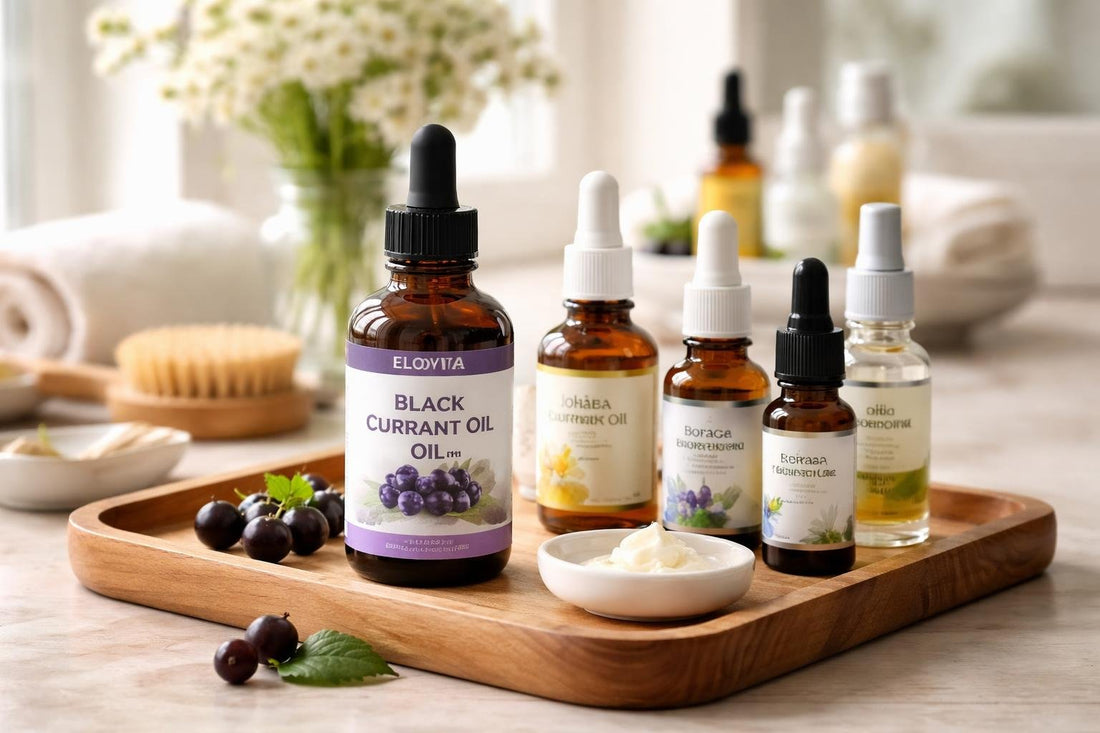 Black currant oil bottle and skincare products on wood