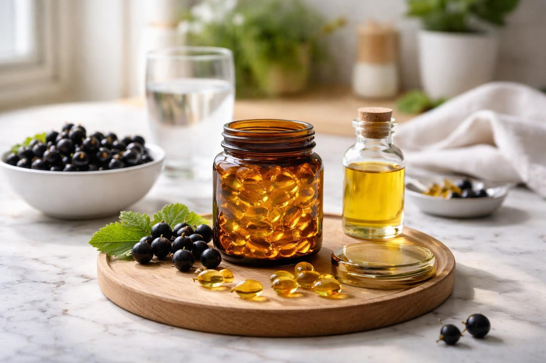 Black currant oil softgels and berries on kitchen counter