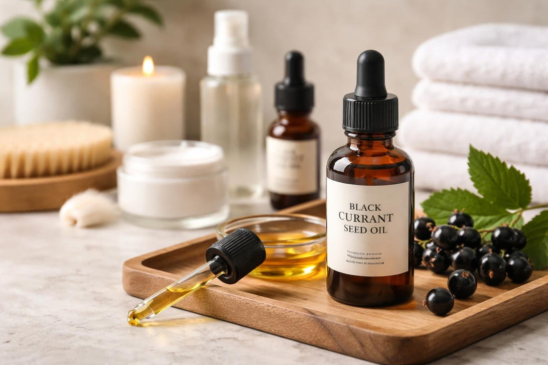 dark glass bottle of black currant seed oil