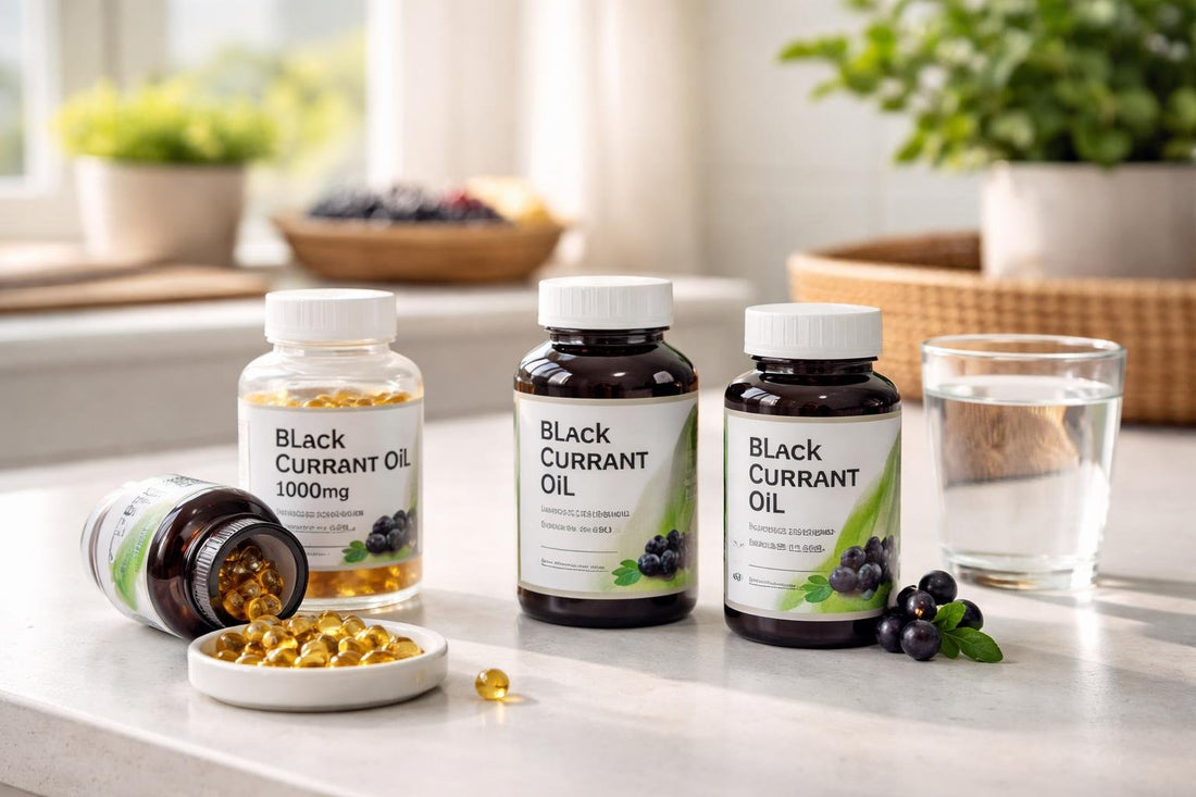 Black currant oil capsules and bottle on a UK shelf