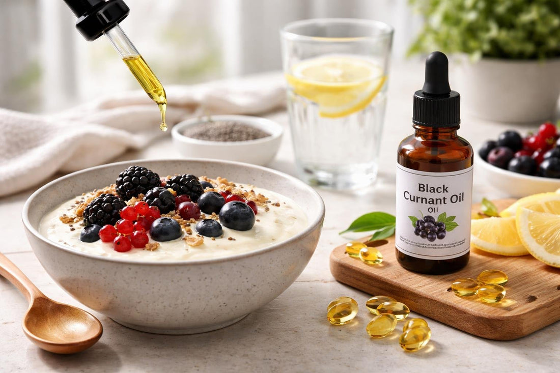 Black currant oil added to yoghurt with berries