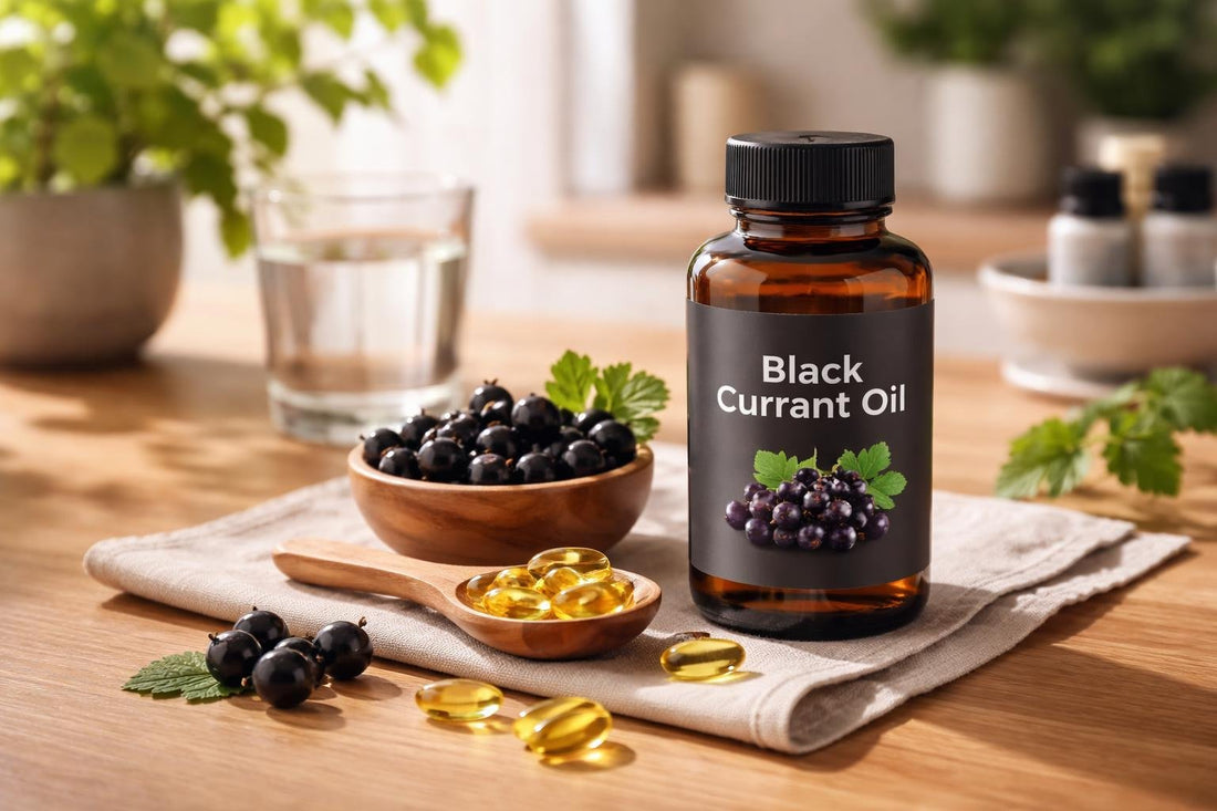 bottle of black currant seed oil on wooden table