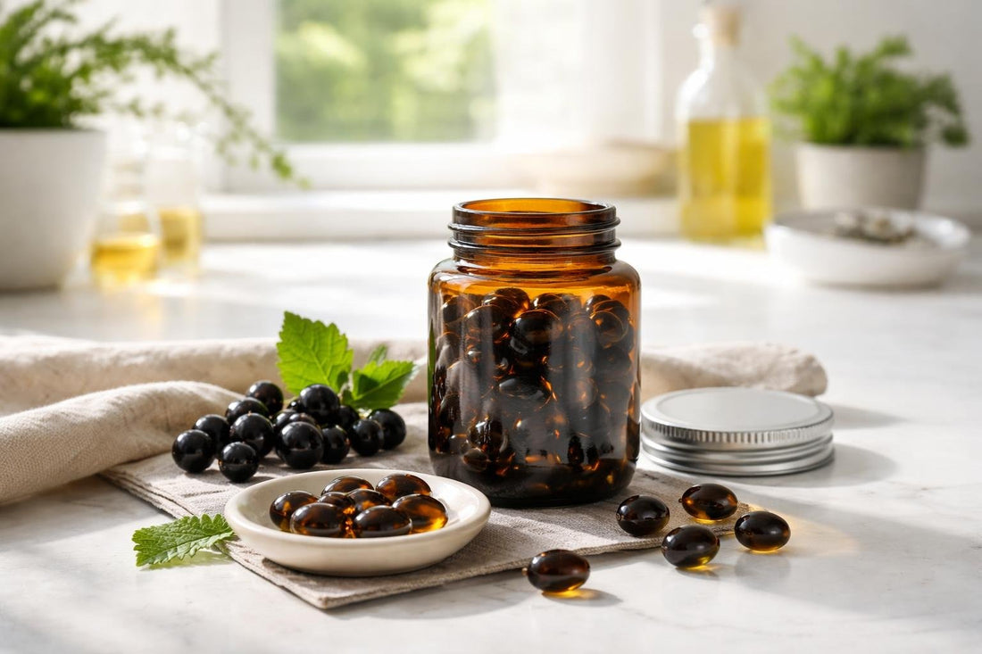 Jar and capsules of black currant oil