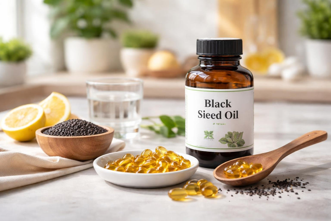 Black seed oil supplements with capsule and spoon on table
