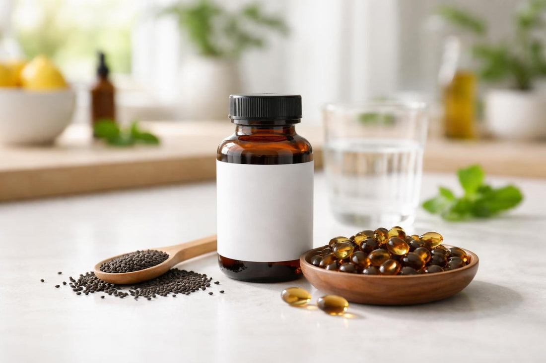 bottle of black seed oil and capsules