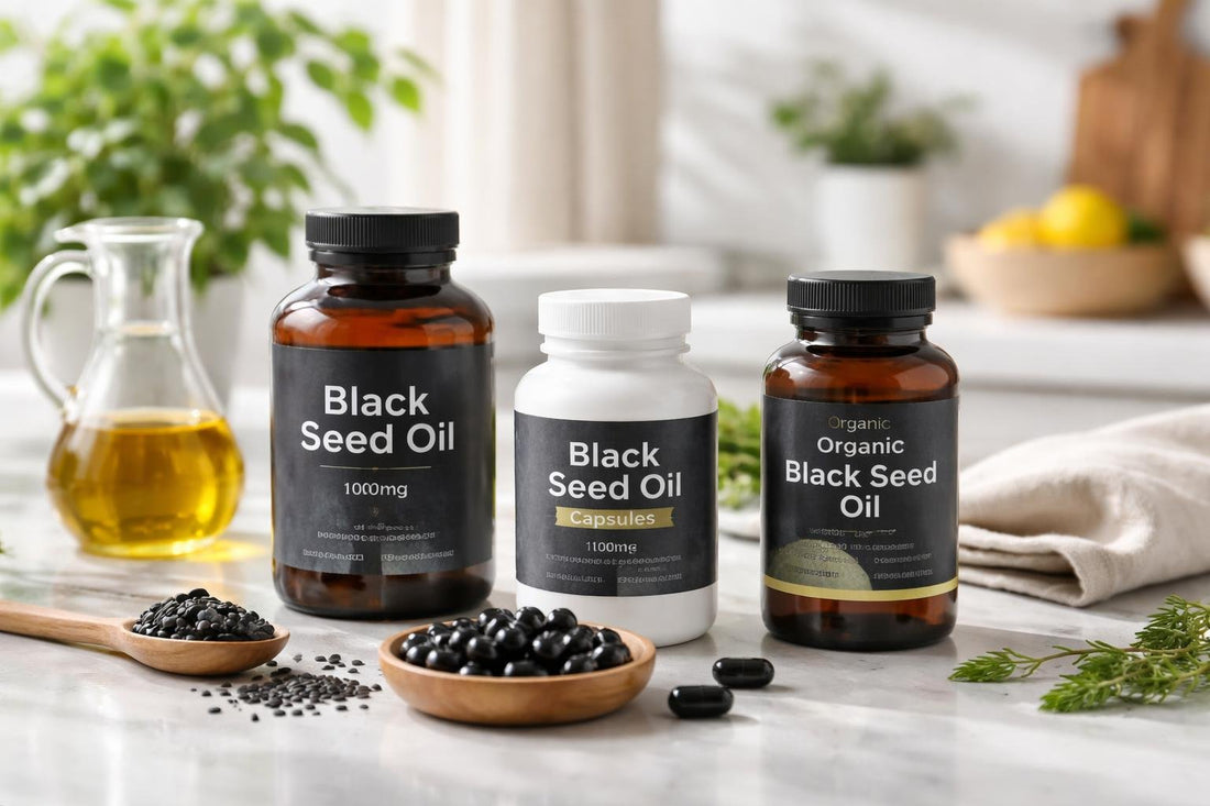 Black seed oil supplements bottles and capsules