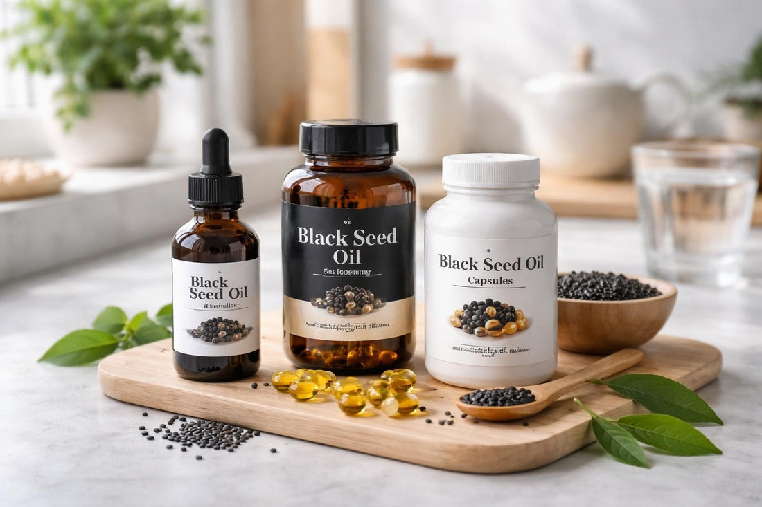 Black seed oil supplements bottles and capsules