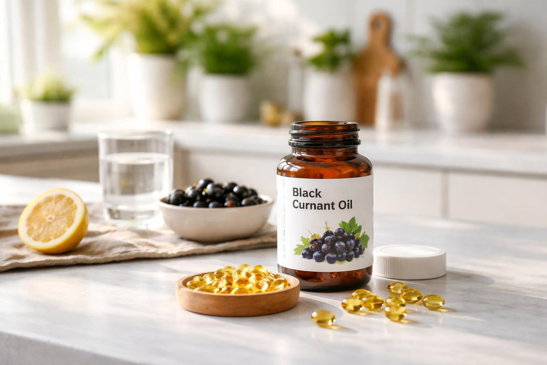 Blackcurrant seed oil capsules and bottle on kitchen counter