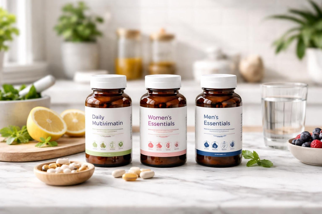 Blended vitamin and mineral essentials bottles on kitchen counter