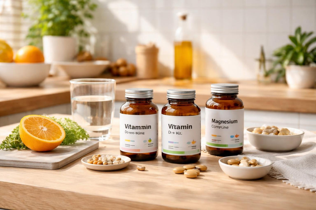 Blended vitamin and mineral supplements on table
