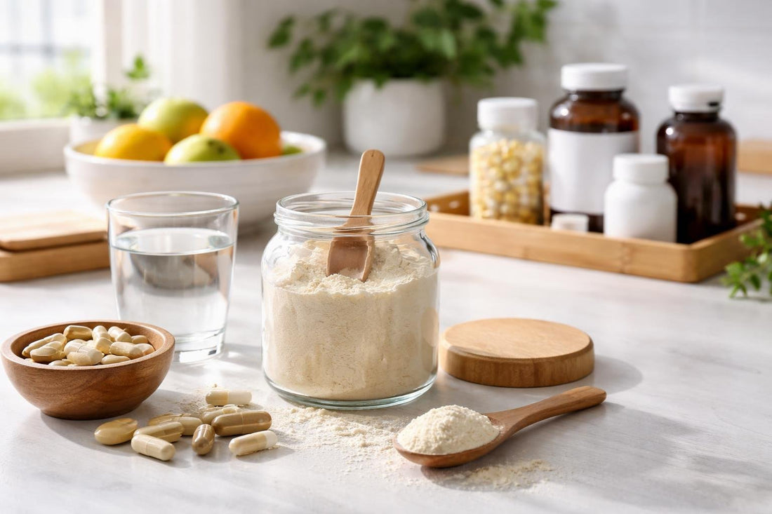 blended vitamins powder and capsules on surface