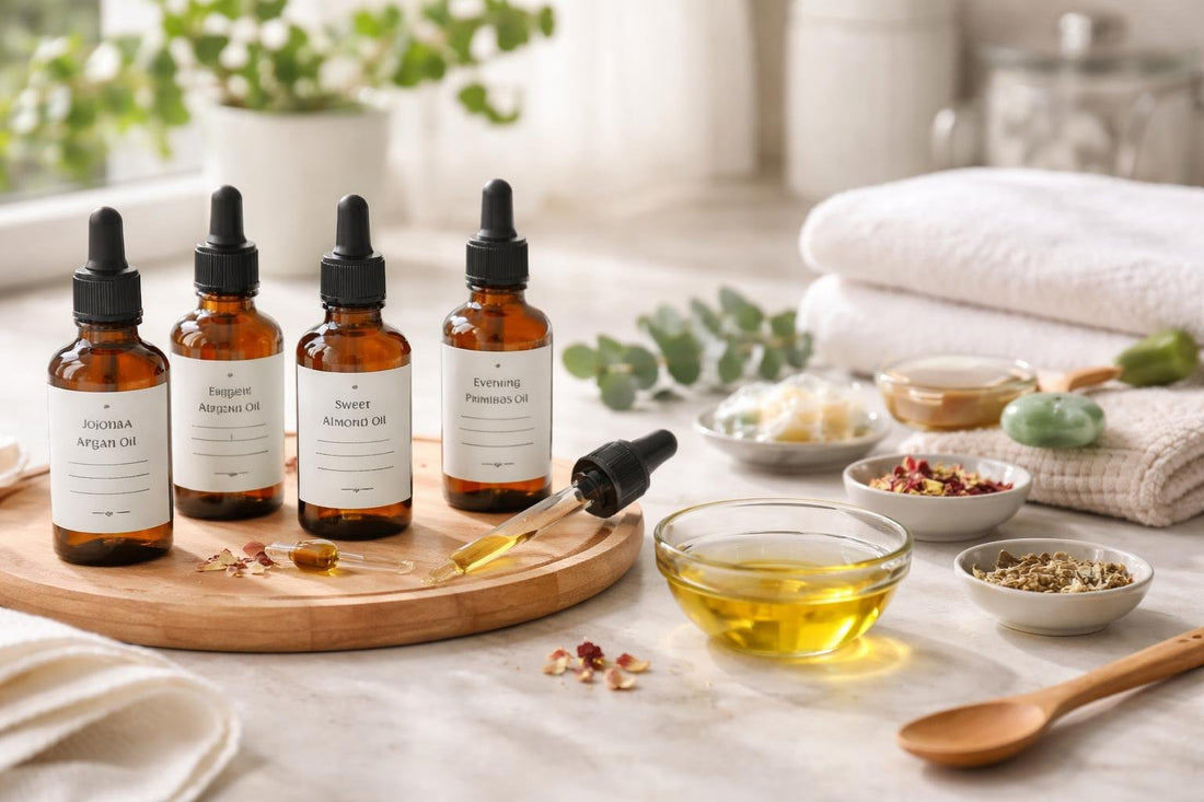 Blending premium carrier oils on a clean kitchen counter