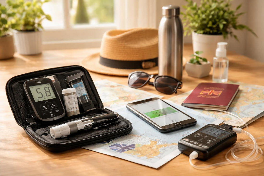 Glucose monitor kit and travel essentials for UK trips