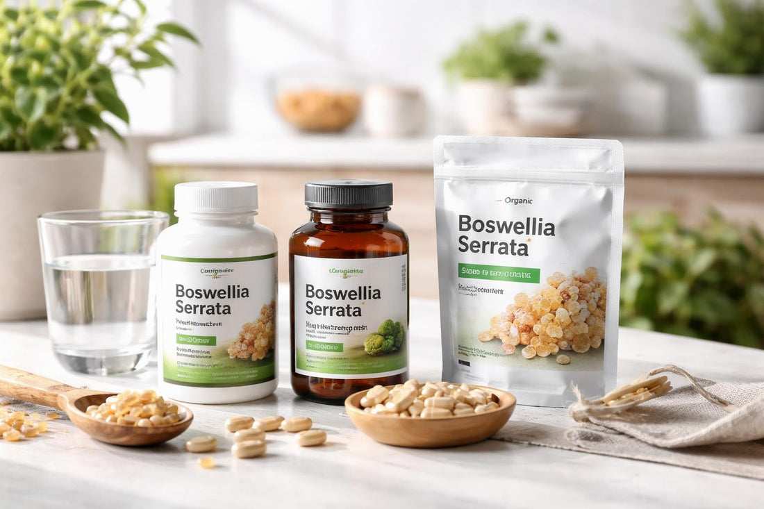 Boswellia supplements and joint care capsules on table