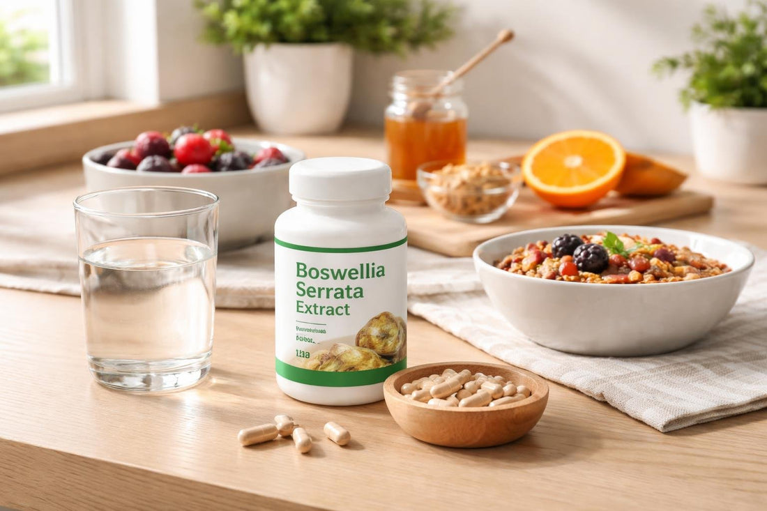 Boswellia serrata extract capsules beside water and breakfast