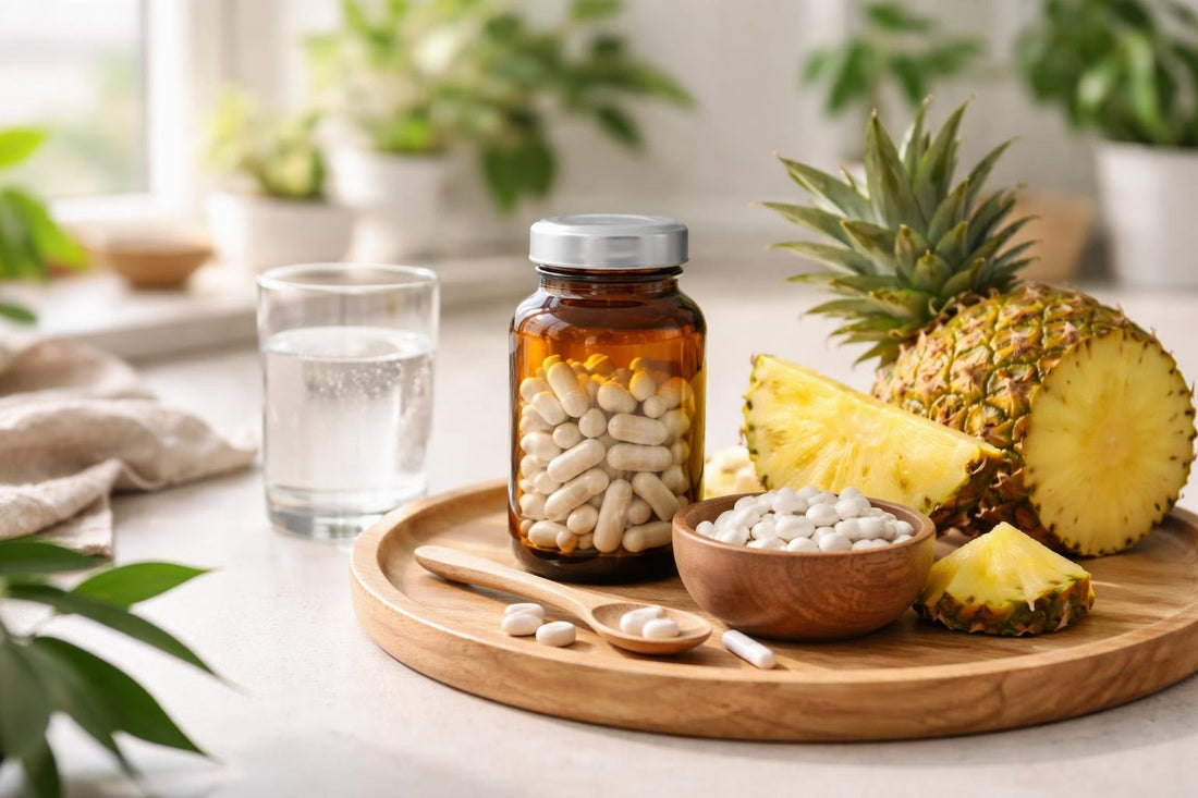 Bromelain capsules with pineapple on a kitchen counter