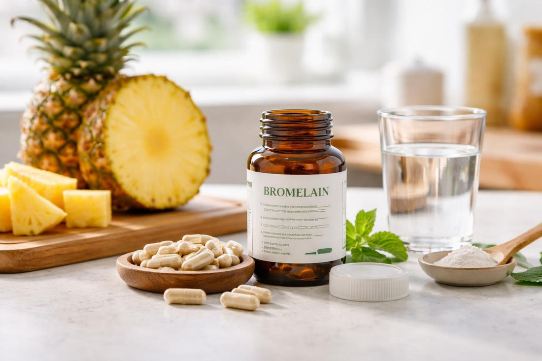 Bromelain supplement capsules with pineapple and water glass