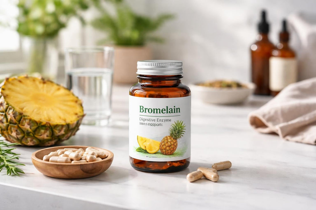 bottle of bromelain supplements on kitchen counter