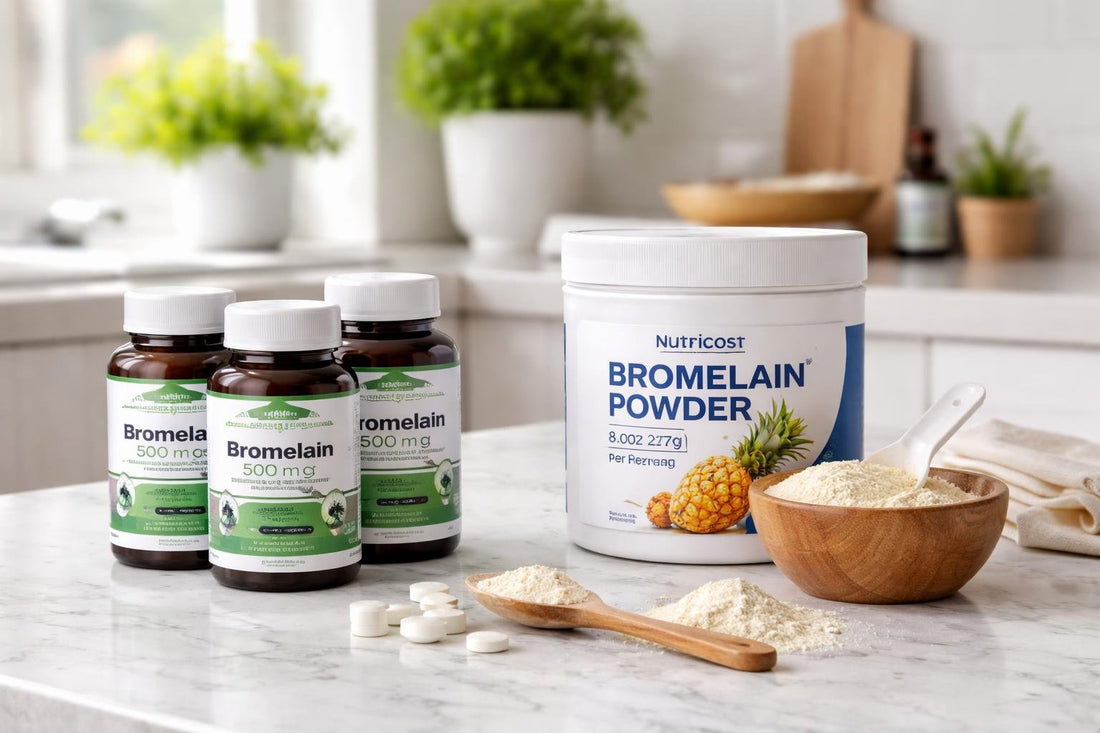Bromelain supplement bottles and powder on table