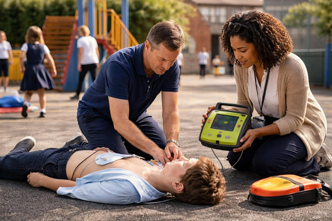 School staff using AED in London playground