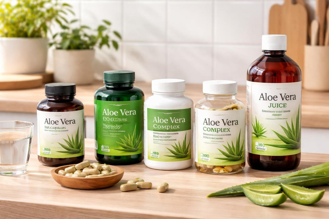 Budget aloe vera herbal supplements lined up on kitchen counter